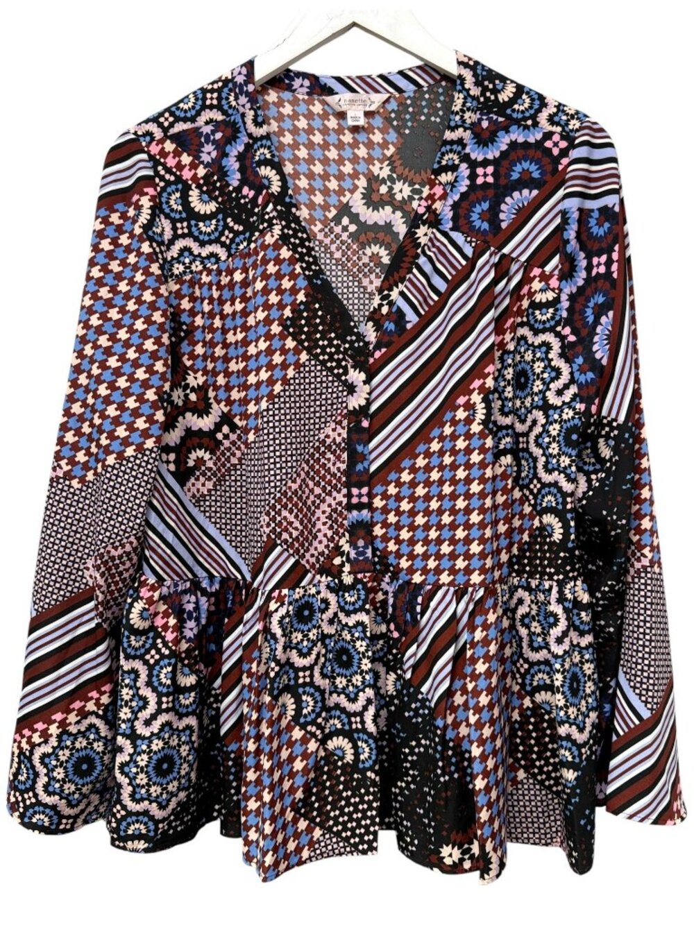 Nanette Lepore  Patchwork Ruffle Hem Blouse Large Blue Wine Long Sleeve Top